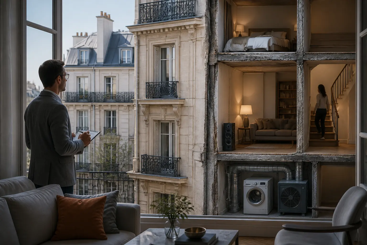 Acoustique des bâtiments paris : façade d’immeuble, salon calme et ingénieur analysant les nuisances sonores.