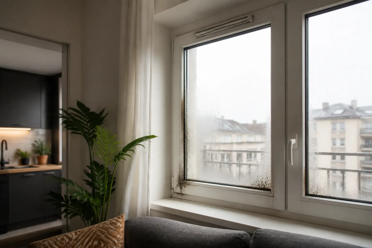 Intérieur d’appartement avec aeration fenetre, condensation légère, grille d’aération et traces d’humidité sur vitrage double.