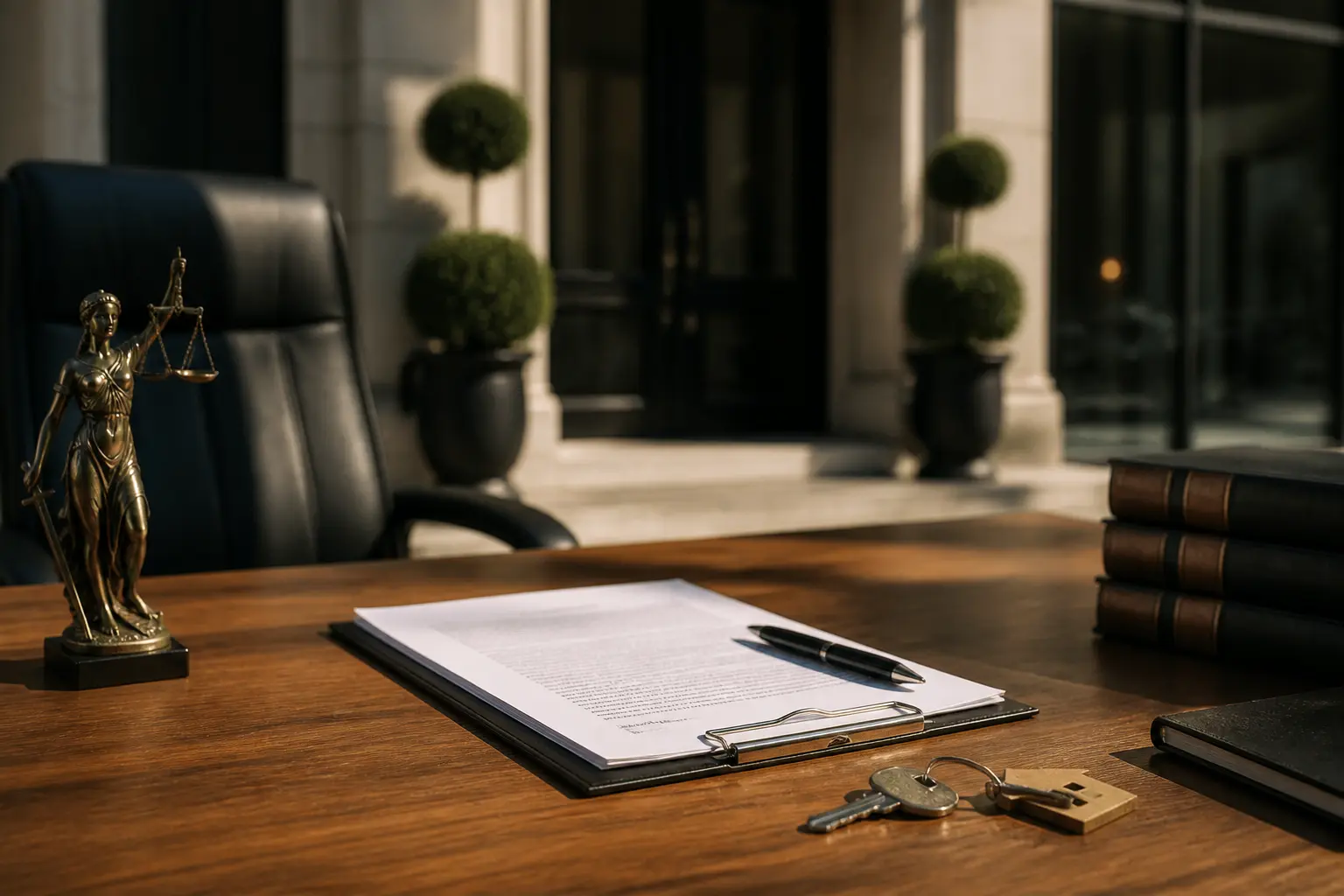 Bail professionnel : bureau d’avocat avec contrat, clés et façade d’immeuble, ambiance calme et crédible