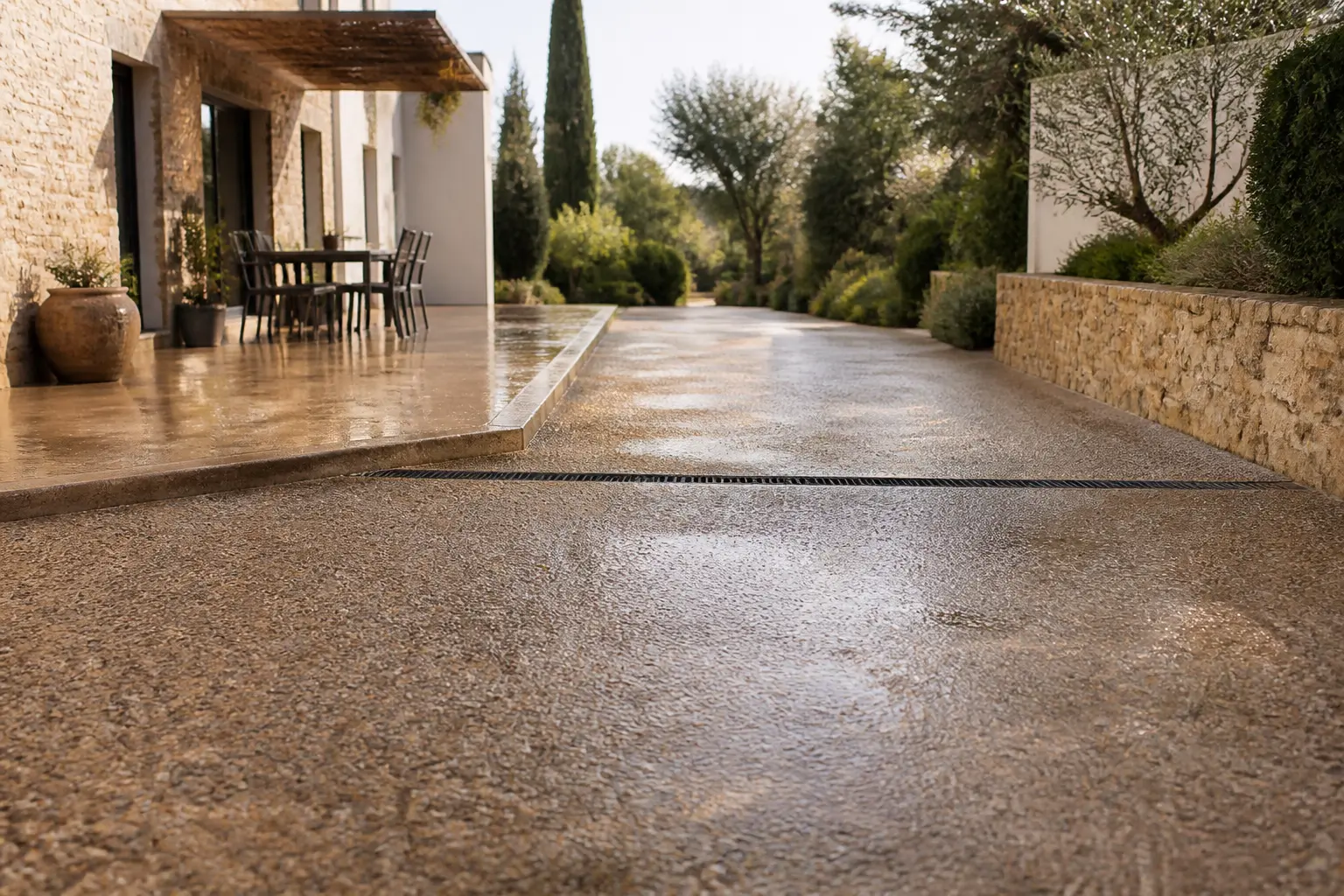 Terrasse et allée en béton désactivé d’une maison moderne, texture minérale, pluie légère et jardin soigné