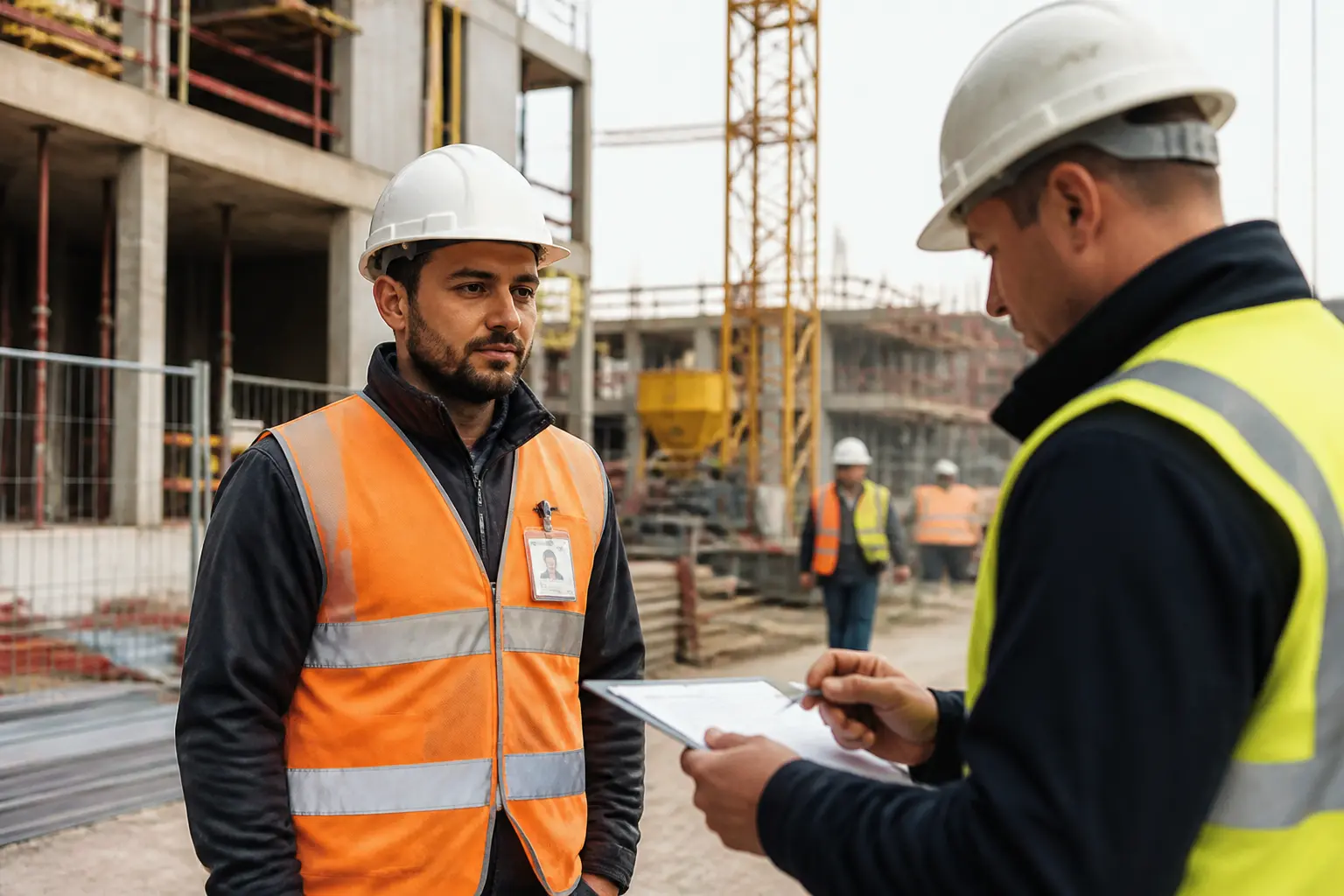 Carte pro btp vérifiée sur chantier par un chef de site, ouvrier en EPI, grues et échafaudages en arrière-plan