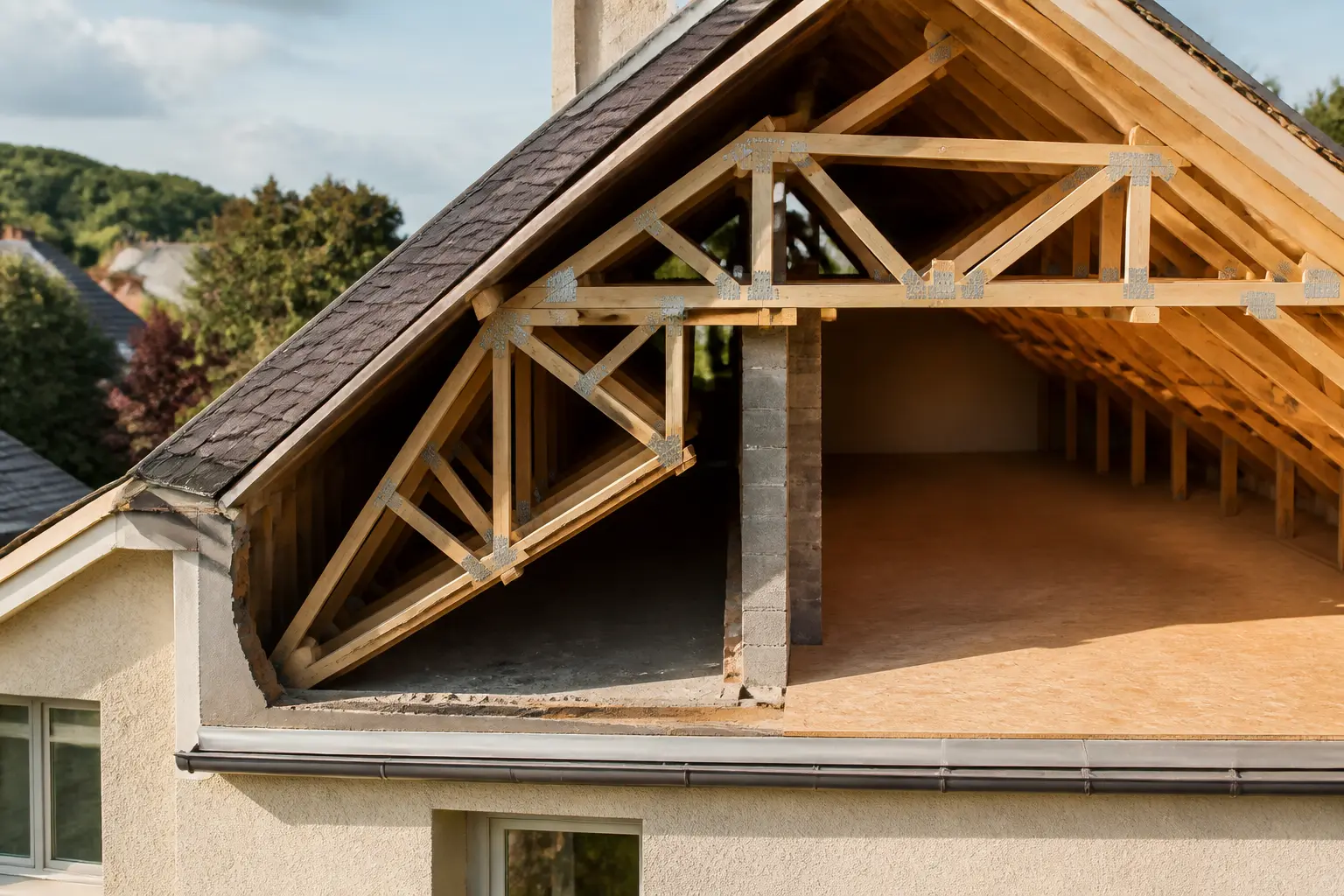 Charpente fermette d’une maison moderne en coupe, montrant combles ouverts, fermes bois et connecteurs métalliques.