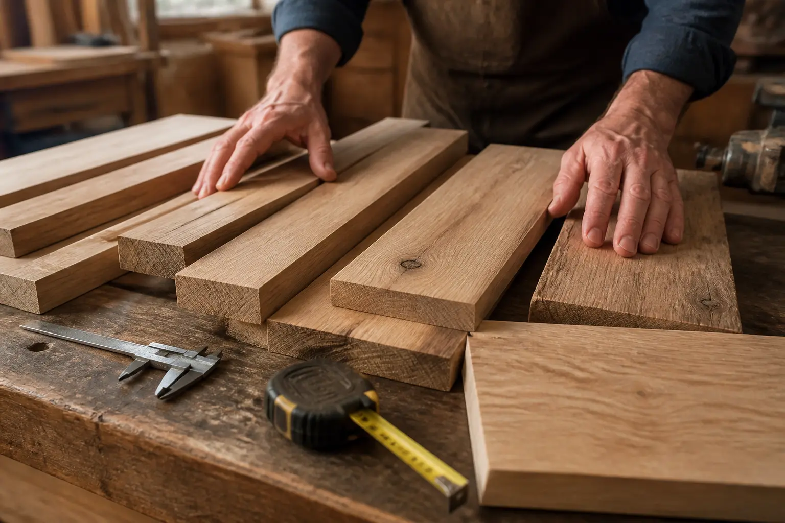 Chene planche en atelier, lames de chêne brutes et rabotées mesurées par un artisan pour projet bois intérieur