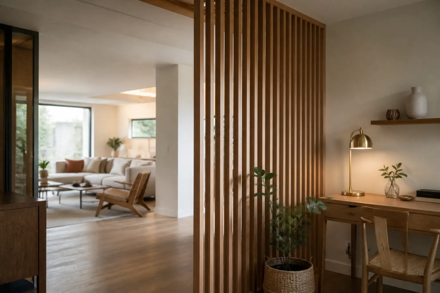 Cloison bois en lames verticales séparant un salon lumineux d’un coin bureau, intérieur moderne et chaleureux.
