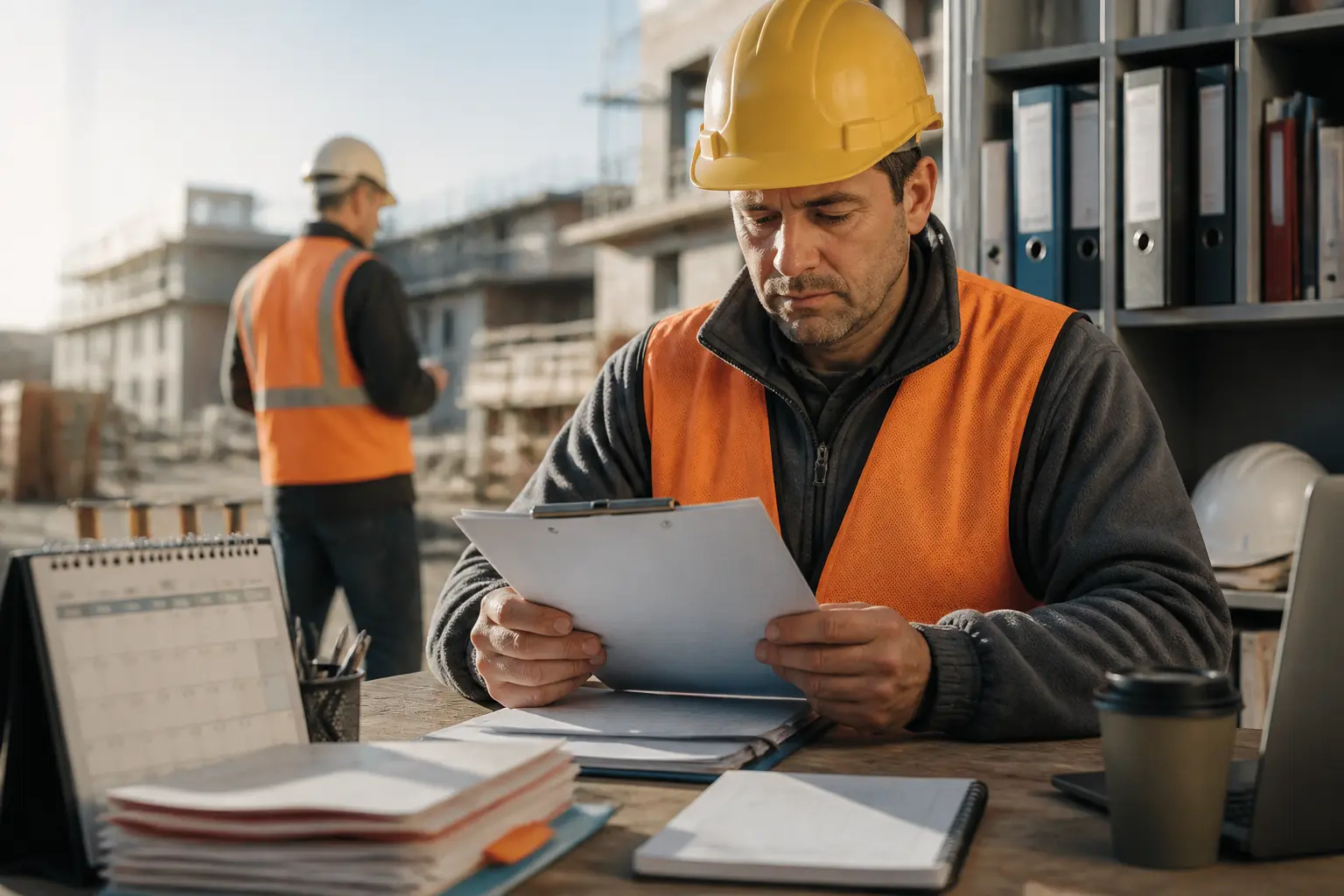Congés payés du batiment : ouvrier BTP avec dossier vacances près d’un chantier et documents administratifs CIBTP