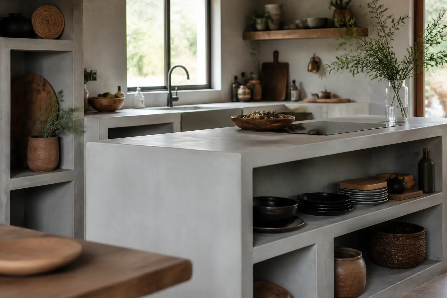 Cuisine en beton cellulaire sur mesure, niches intégrées, plan de travail et évier, style chaleureux et durable