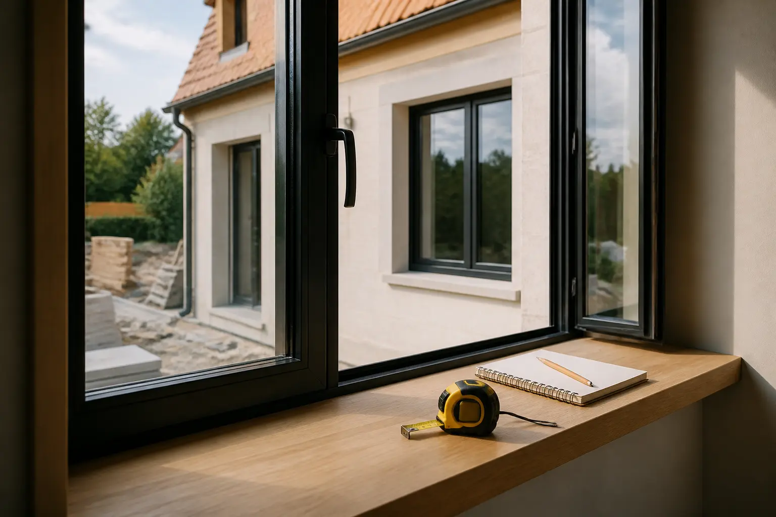 Dimension fenetre standard : fenêtre moderne, mètre ruban et carnet sur appui, intérieur lumineux en rénovation maison