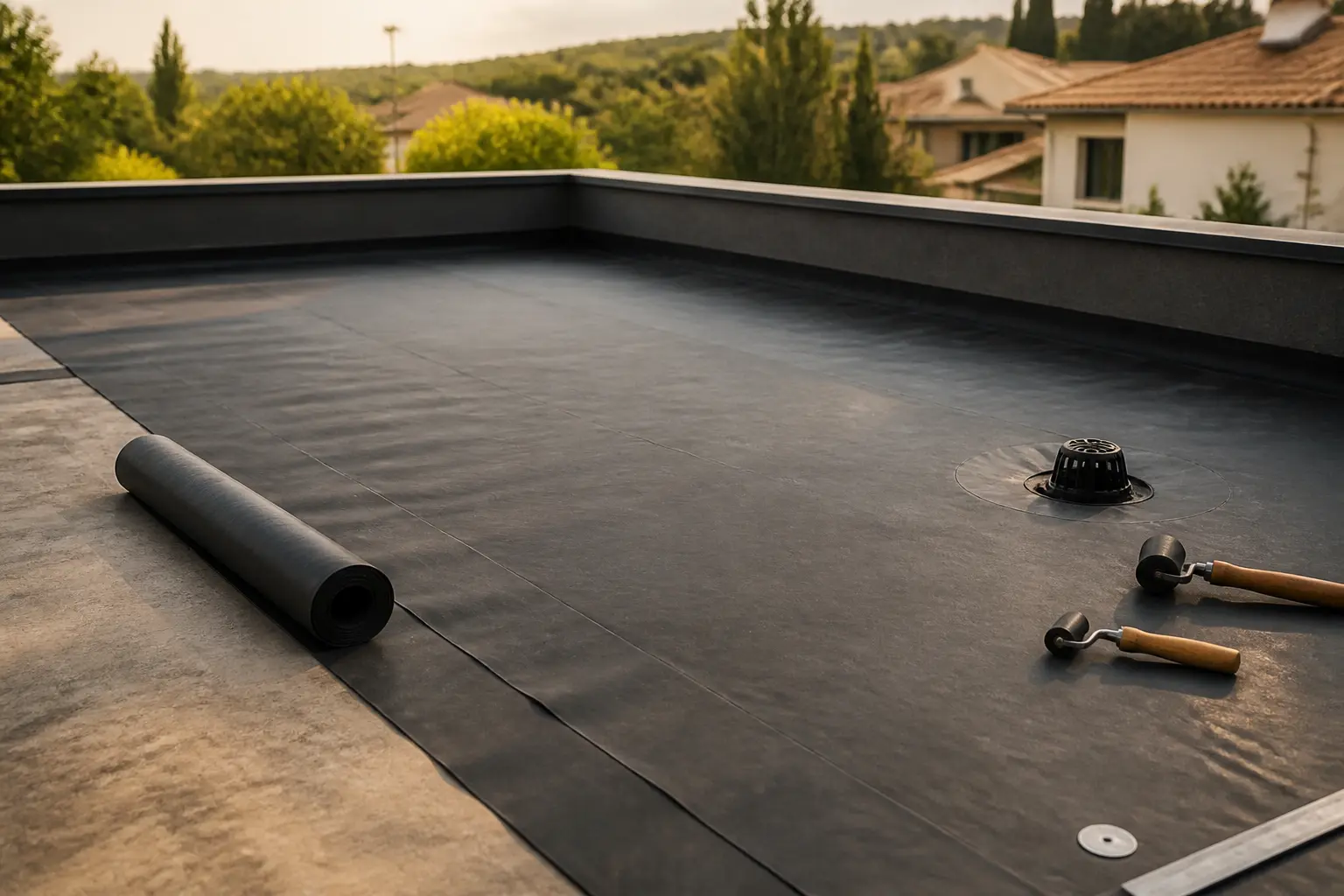 Epdm toiture sur terrasse de toit plate, membrane noire posée sur toit résidentiel avec drain, acrotères et accessoires techniques