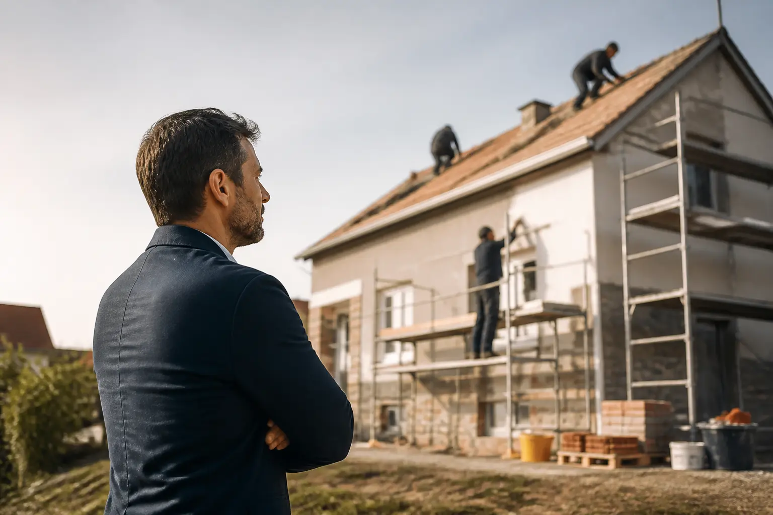 Entrepreneur observant un chantier BTP, illustrant une franchise construction et entretien en pleine évaluation.