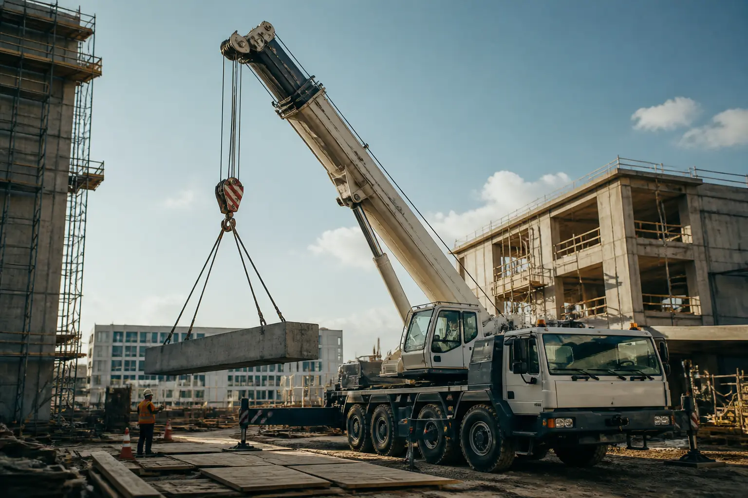 Grue mobile sur chantier urbain, levant une poutre avec stabilisateurs, ouvriers et sécurité visibles, planification précise.