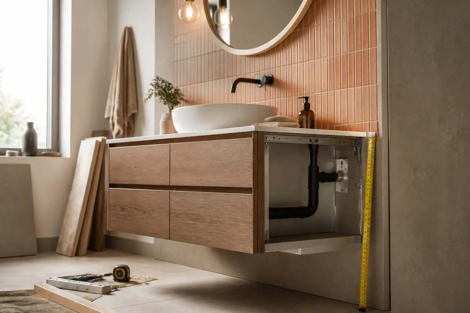 Hauteur de meuble de salle de bain réglée dans une salle de bain moderne avec vasque suspendue et mètre ruban
