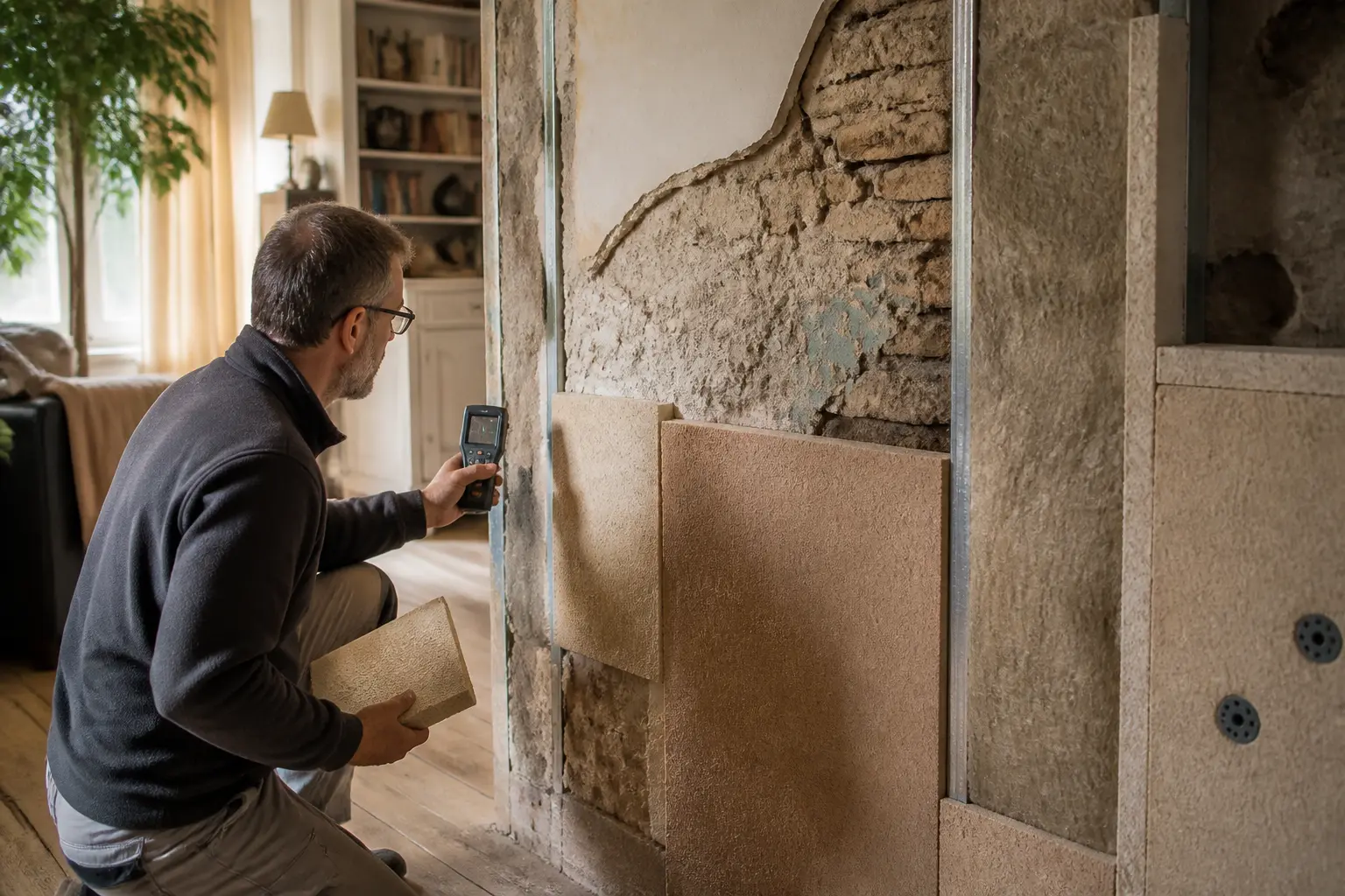 Rénovation d’un mur intérieur avec isolant mur intérieur, panneaux isolants et technicien en diagnostic thermique.