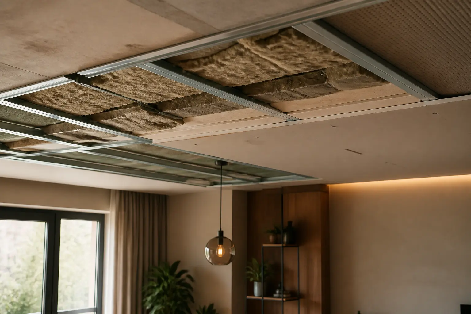 Isolation phonique pour plafond dans un appartement moderne, avec ossature métallique, laine minérale et plaques de plâtre.