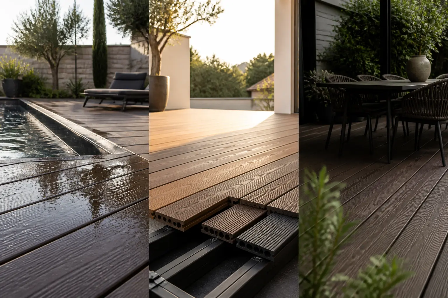 Lame composite sur terrasse extérieure premium, finitions bois, piscine, soleil, coin repas, clips invisibles et texture antidérapante