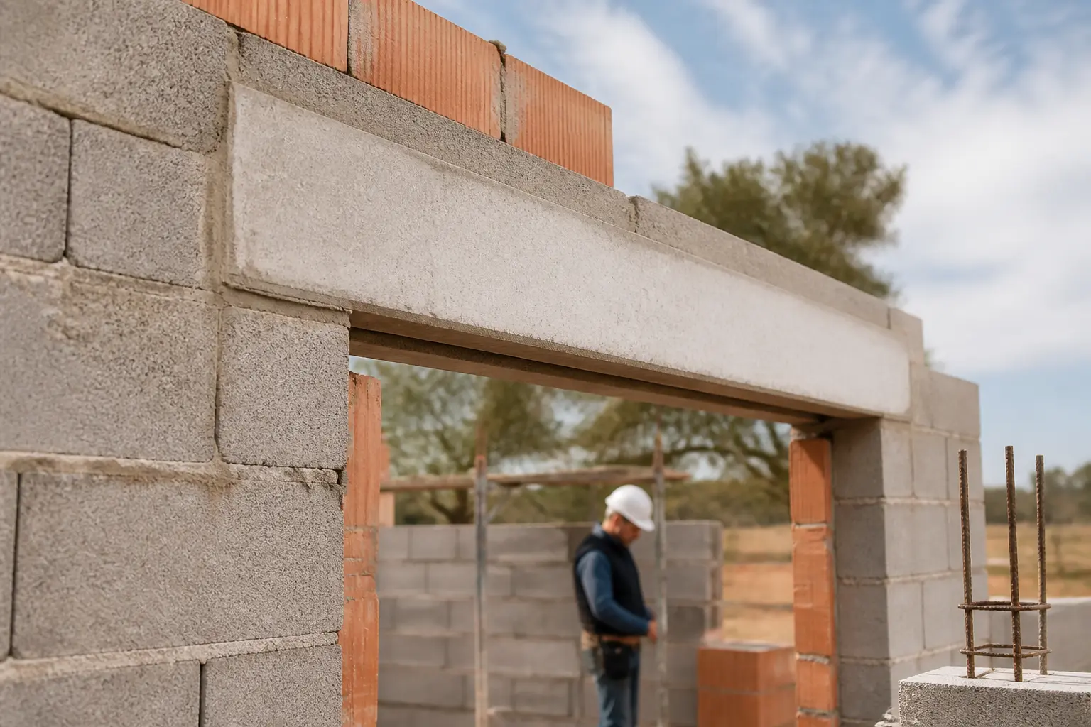 Linteau béton au-dessus d’une ouverture dans un mur en parpaing et brique, chantier de maçonnerie réaliste avec ouvrier au fond