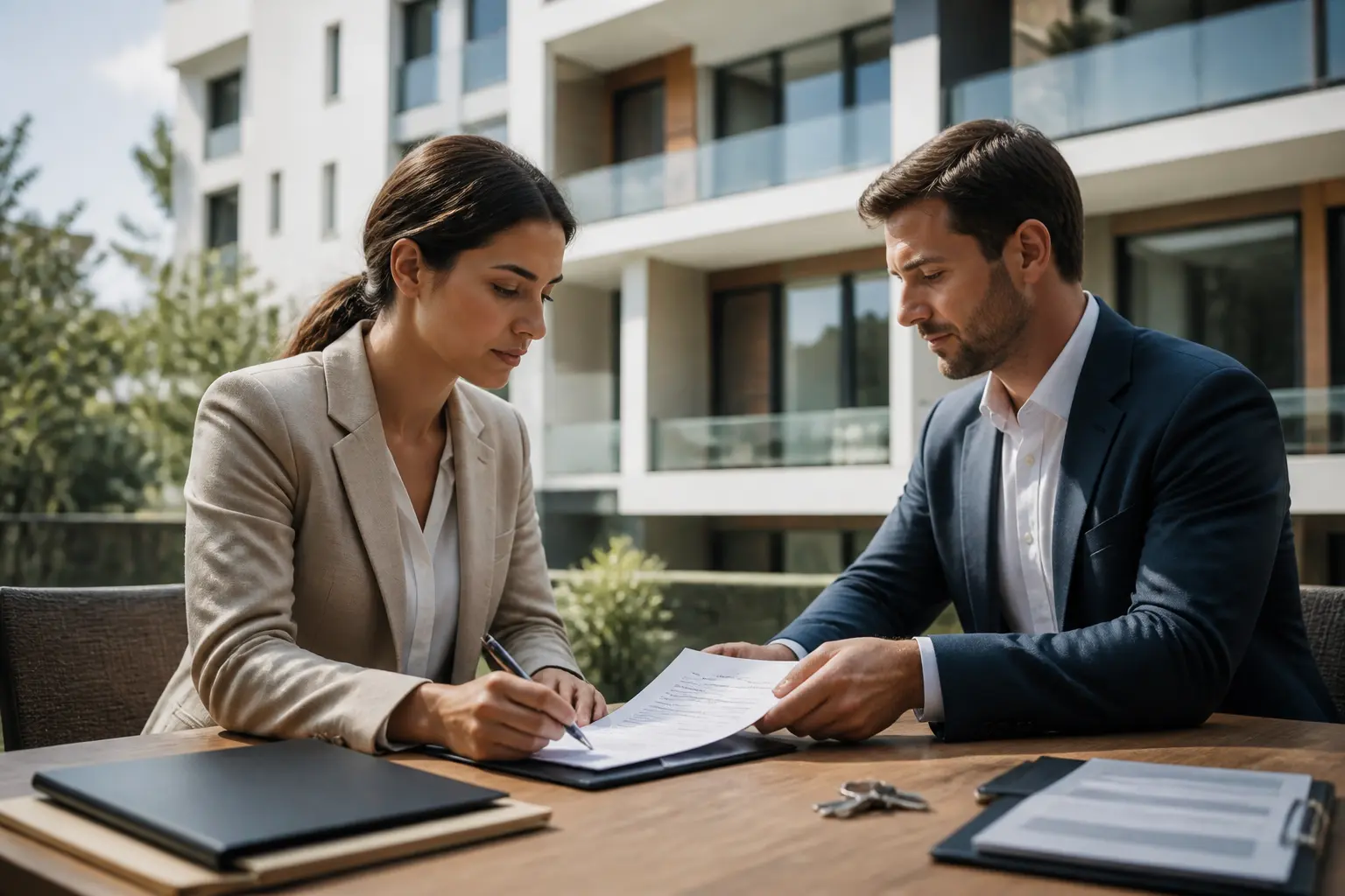 Agent immobilier et client signant un contrat, immeuble moderne en fond, conformité loi hoguet et dossier immobilier.