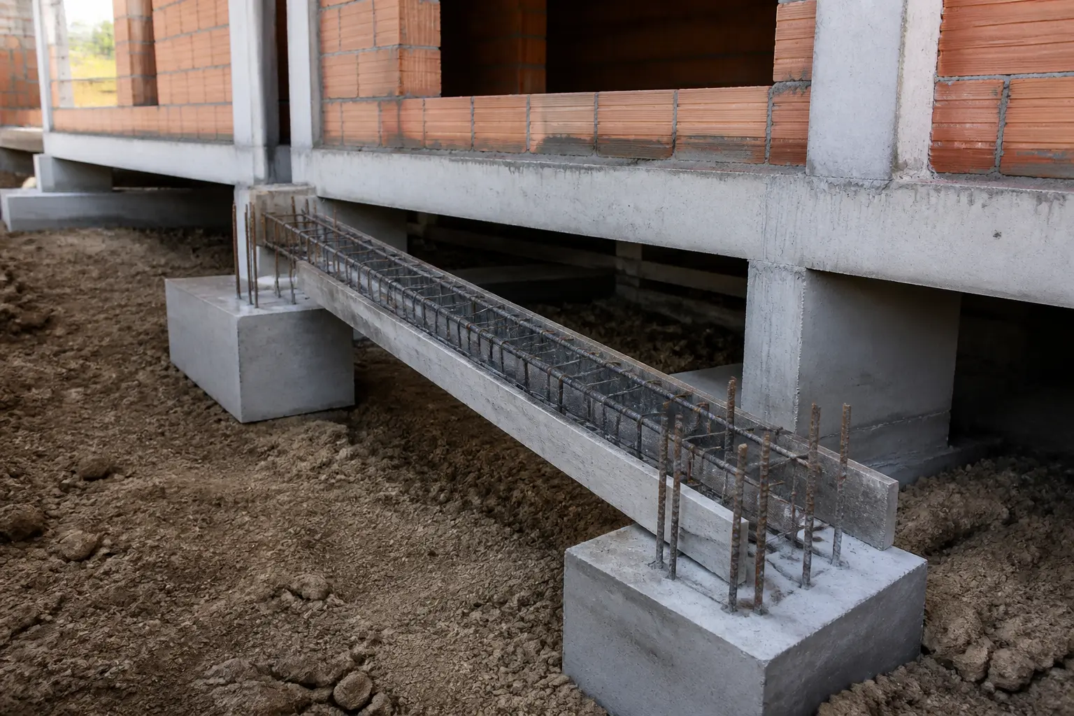 Longrine béton sur chantier en France, reliant des semelles isolées sous une maison en construction, avec armatures et coffrage.