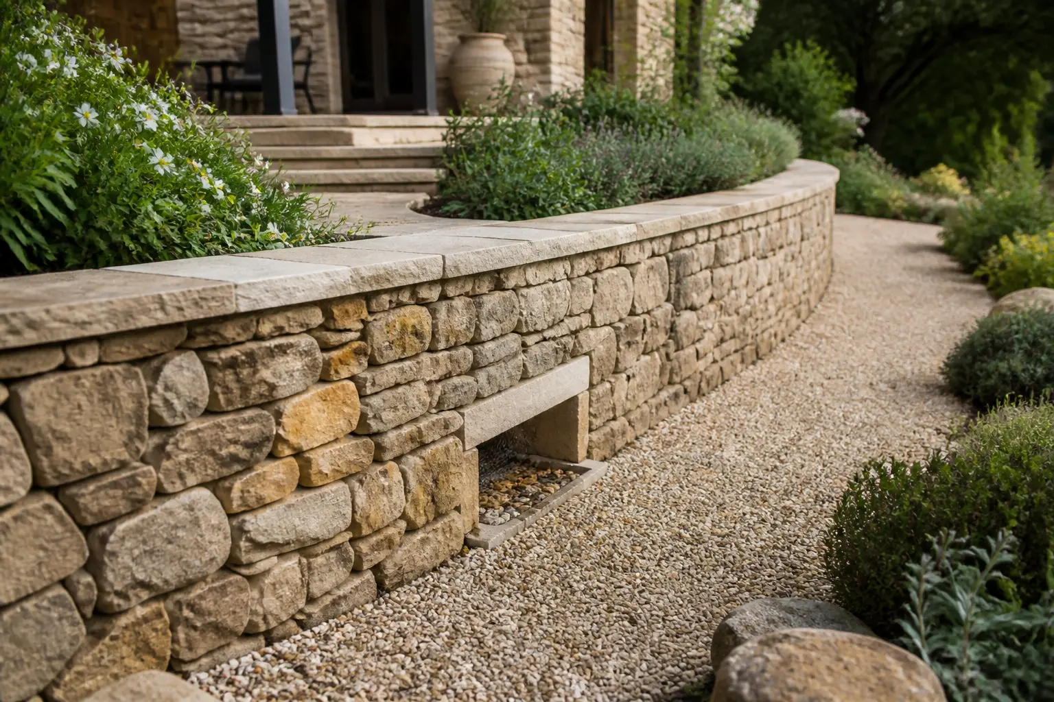 Muret pierre naturel bordant une terrasse et un jardin en pente, avec drainage et finitions soignées.