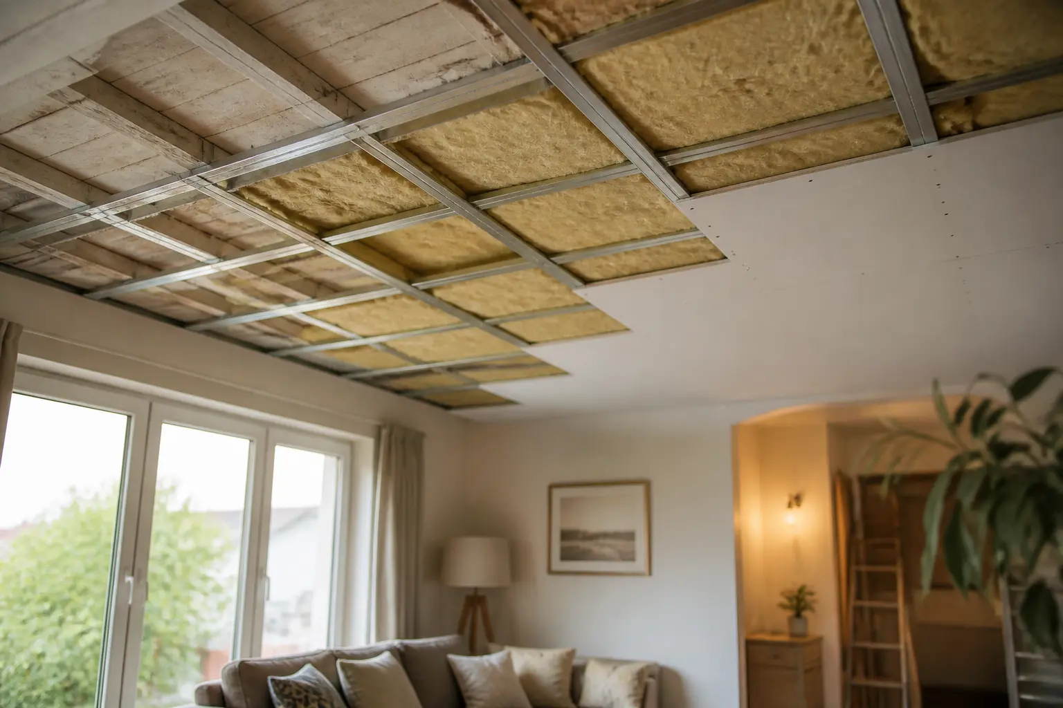 Plafond isolation dans un intérieur français, faux plafond ouvert avec laine minérale, ossature métal et poutres visibles