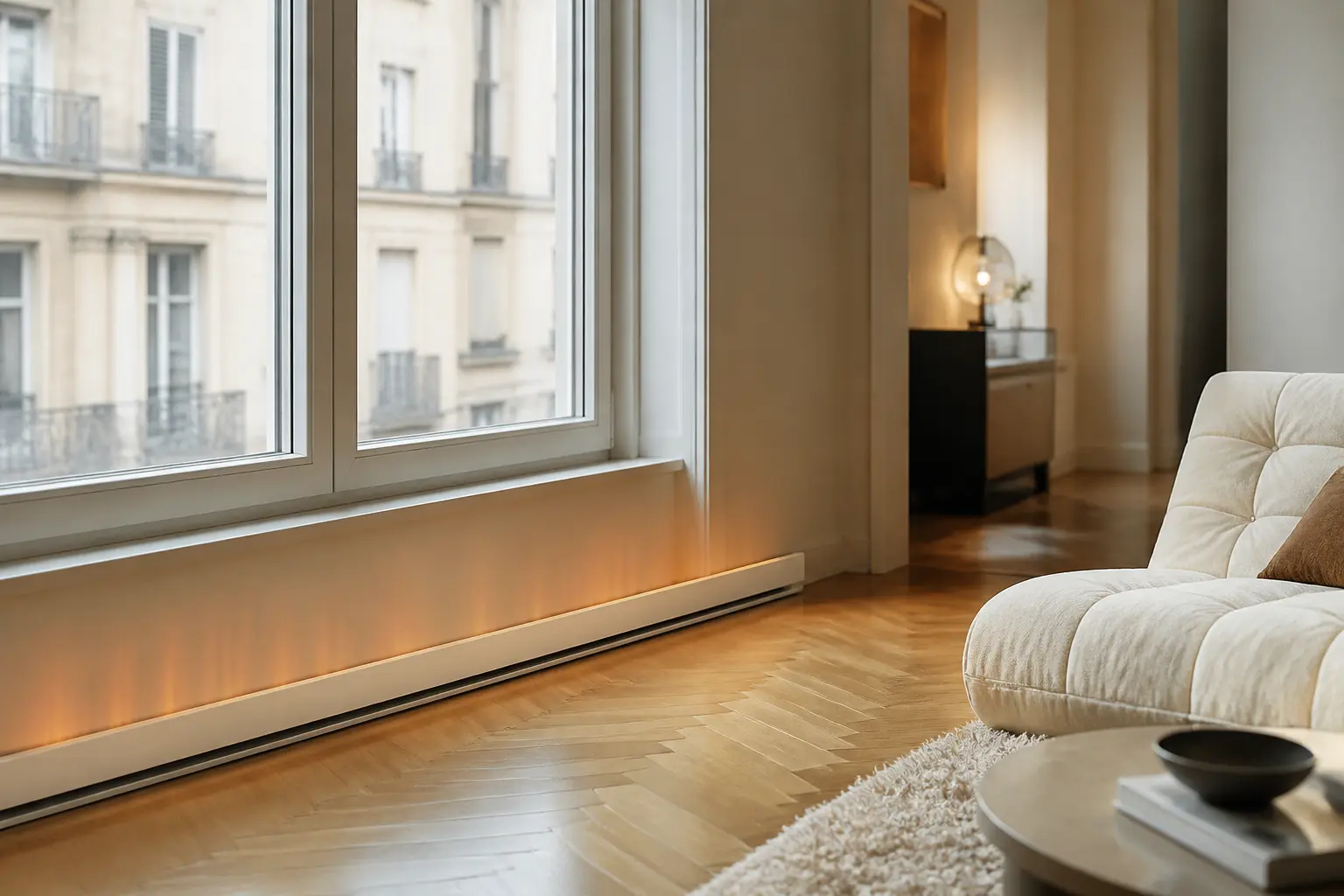 Plinthe chauffante discrète dans un salon moderne, chaleur douce près des fenêtres, ambiance cosy et économe en énergie