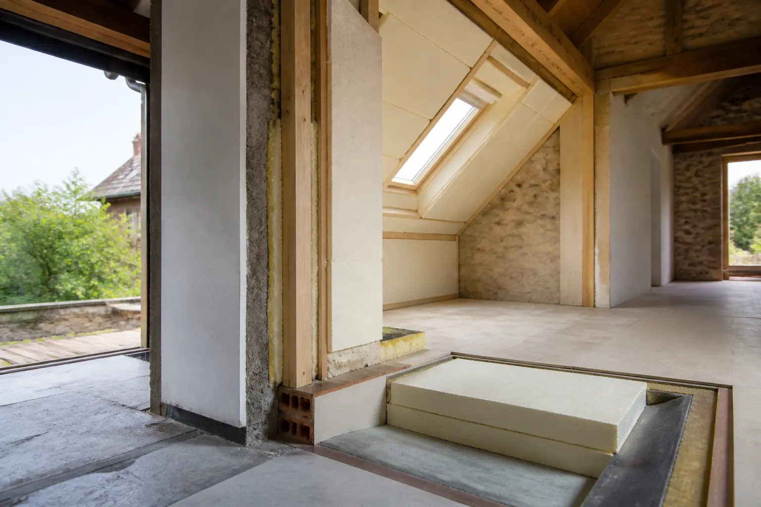 Maison rénovée avec polyuréthane isolant en panneaux rigides dans mur, toit et sol, style réaliste et lumineux