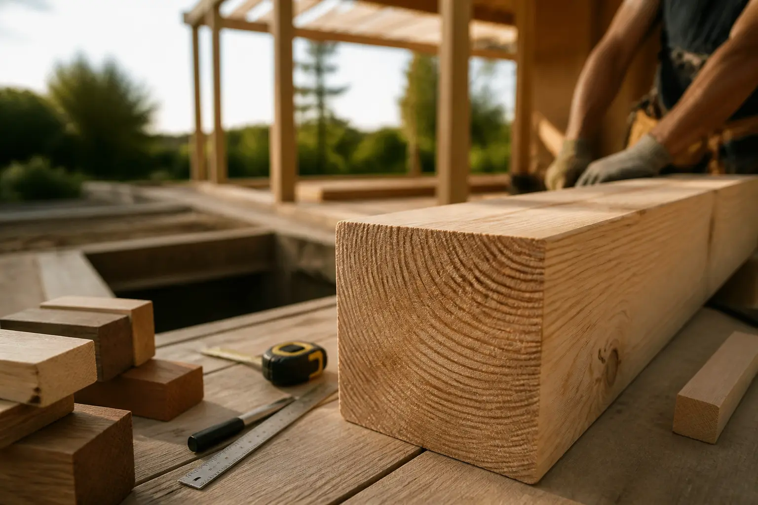 Poutre en bois en gros plan, avec charpentier et structure en bois flous, ambiance chantier lumineuse et naturelle