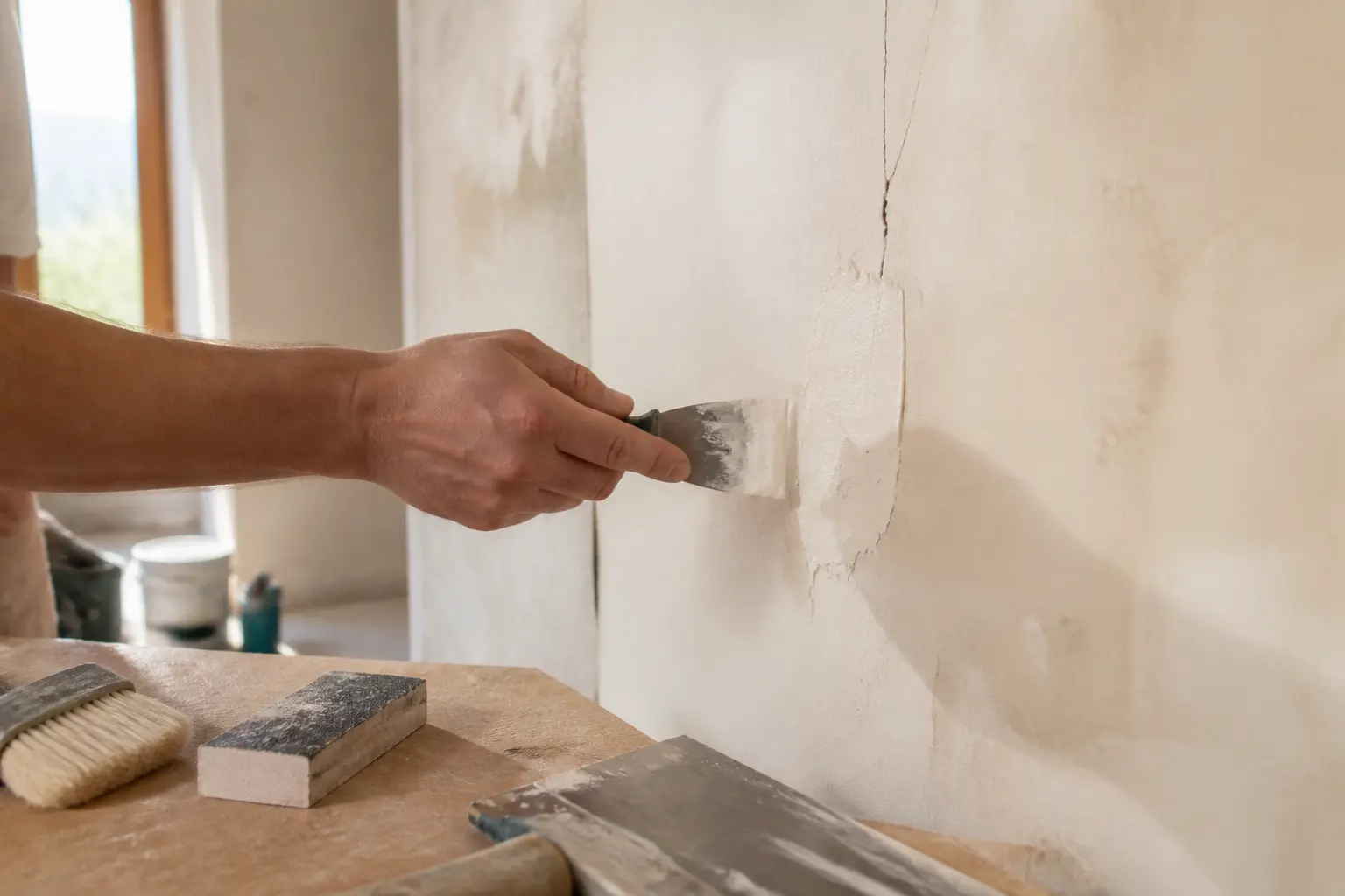 Main rebouchant un trou et une fissure pour reboucher les trous des murs, outils de rénovation en fond