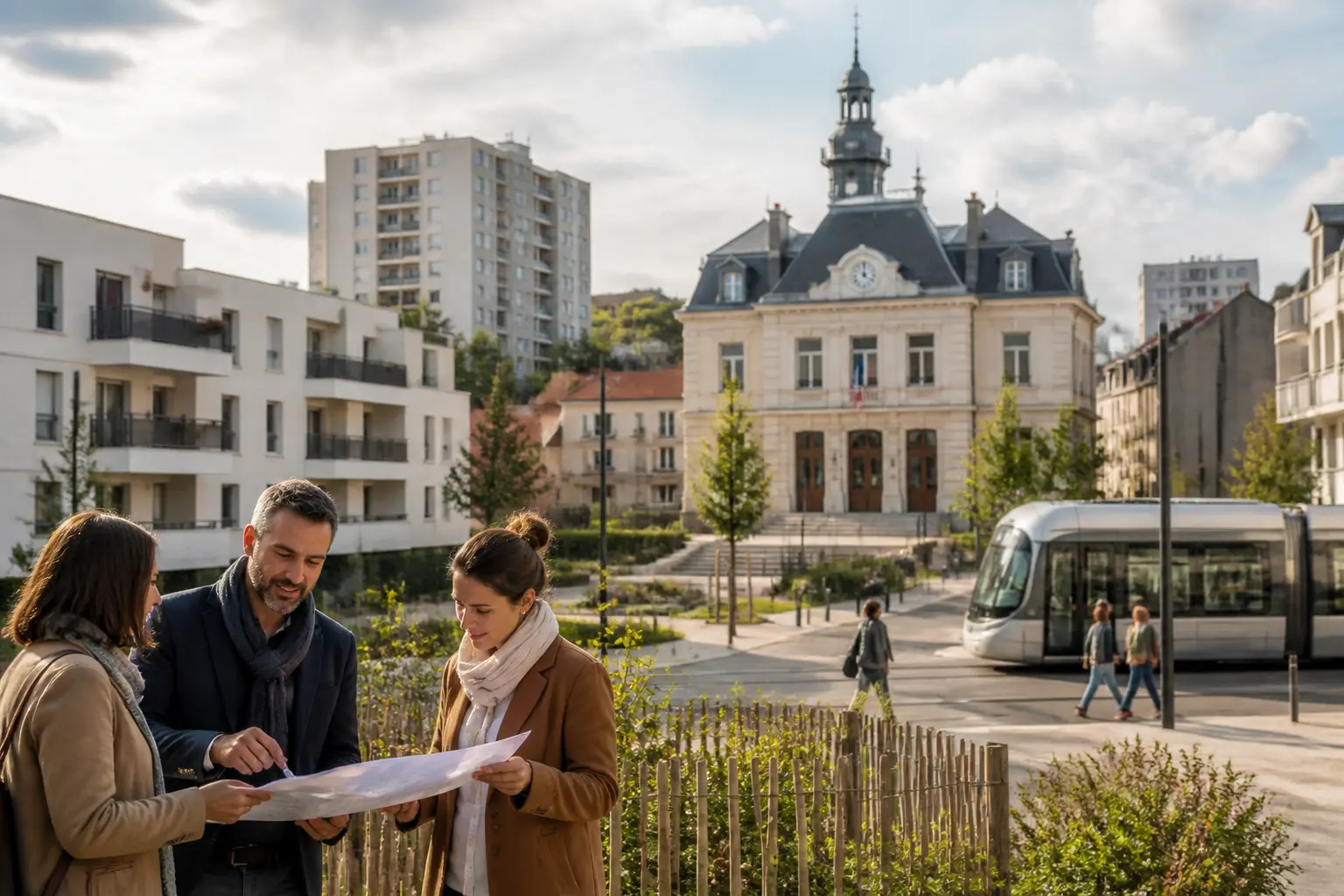sru loi : quartier résidentiel français avec logements sociaux, mairie, transports et habitants en discussion sur l’urbanisme