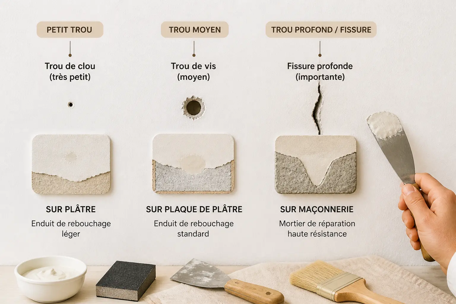 Avant de reboucher les trous des murs, regardez le support et la profondeur