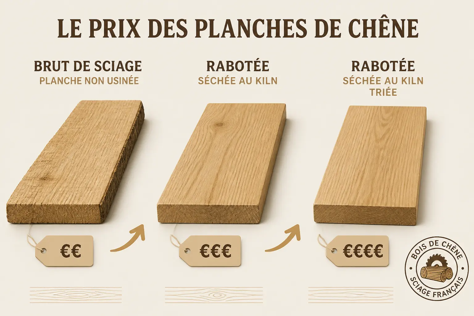 Prix d’une planche en chêne : repères au mètre linéaire, au m² et au m3