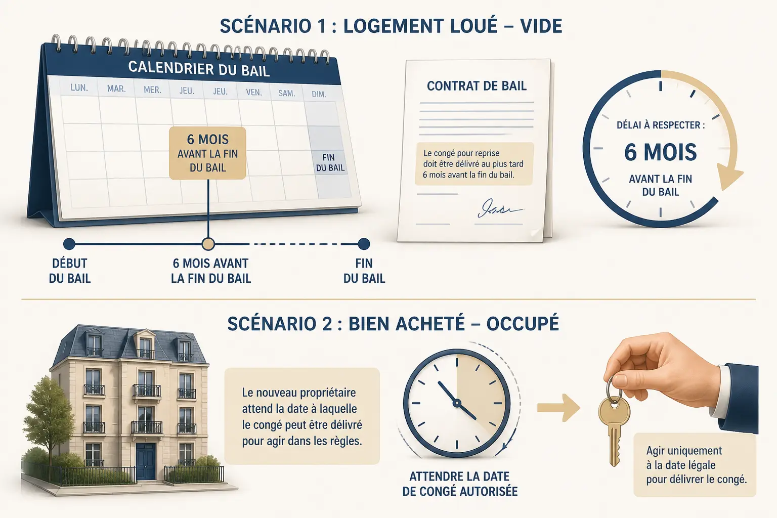 Préavis du bailleur : 6 mois, 3 mois et cas du logement acheté occupé