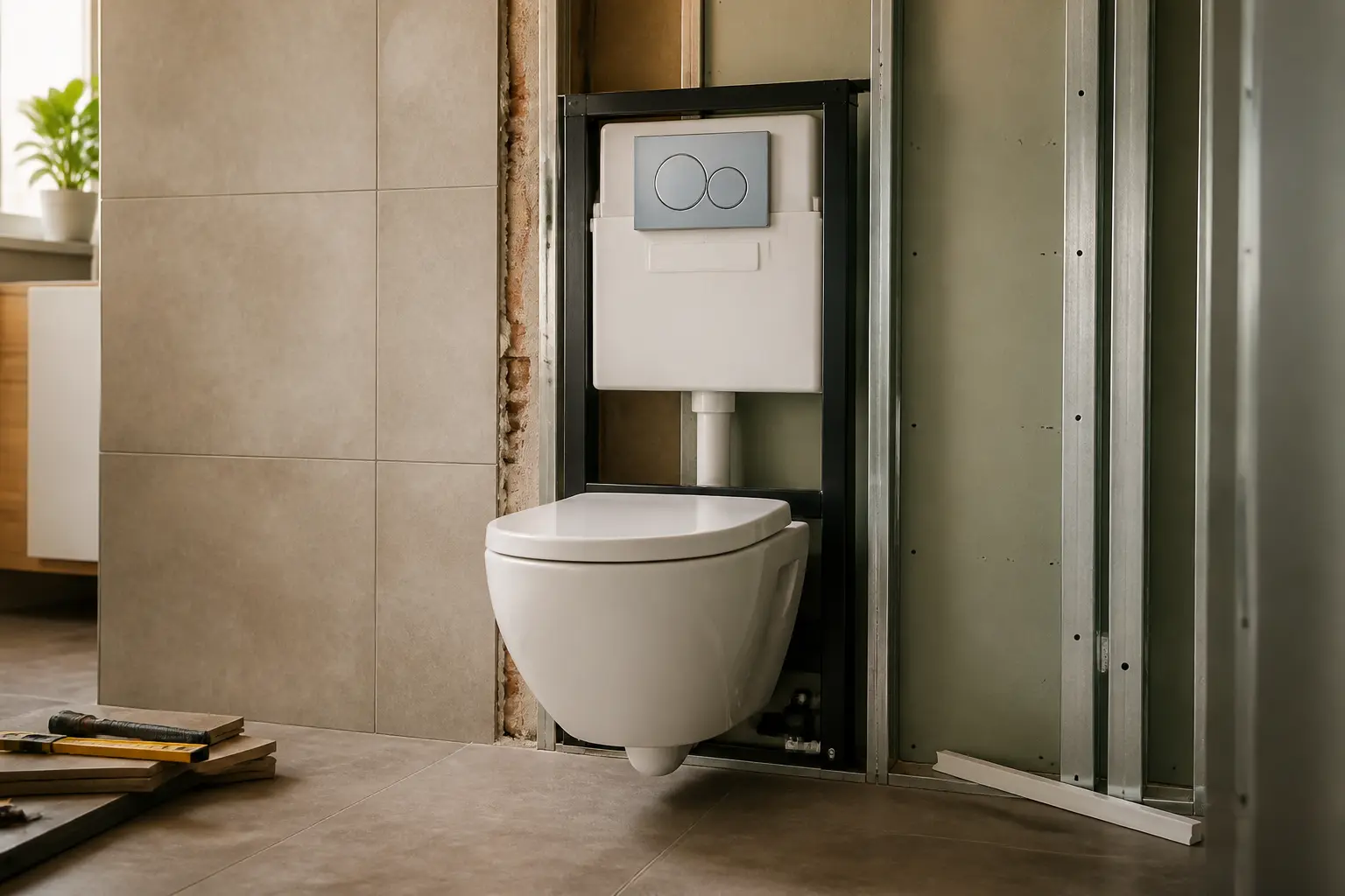 Bati support geberit pour WC suspendu en rénovation, cadre encastré visible, mur ouvert, outils et carrelage autour