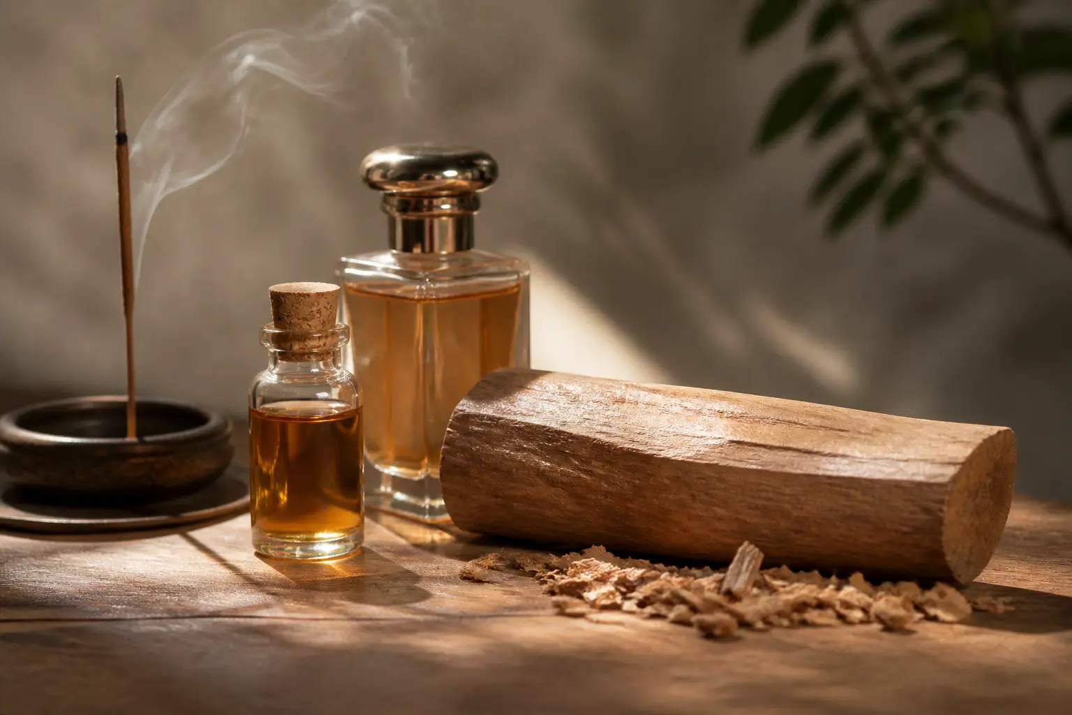 Bois de santal en nature morte raffinée avec huile essentielle, parfum et encens sur bois clair, fumée douce, lumière naturelle