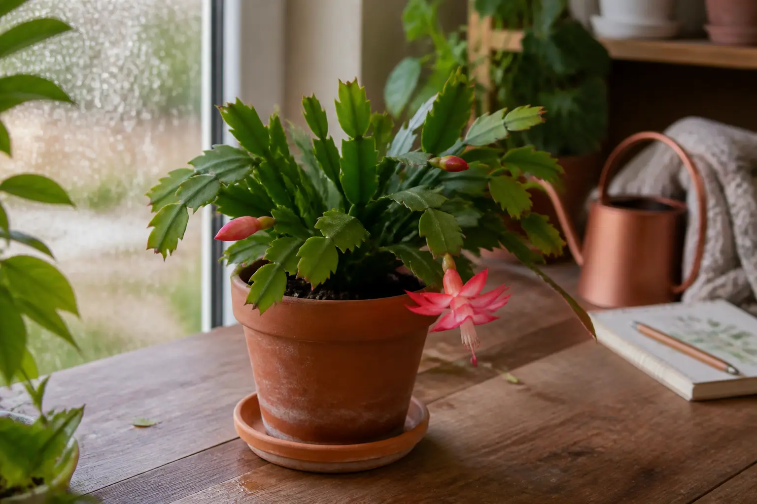 cactus de noel en pot près d’une fenêtre, fleurs rose-rouge, lumière douce, ambiance jardinage intérieur