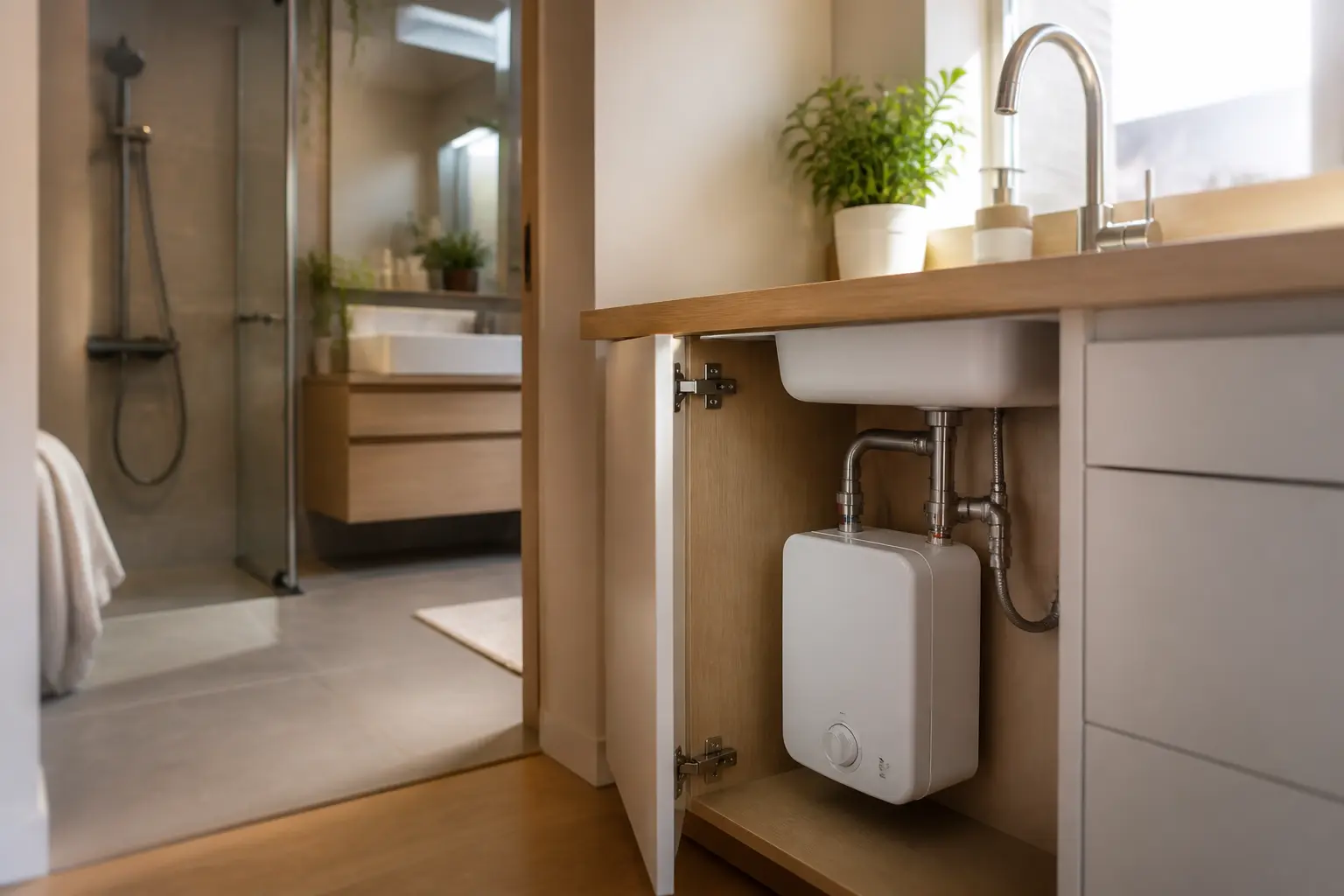 Chauffe eau instantané sous évier dans un petit appartement moderne, cuisine et salle d’eau compactes, lumière naturelle.