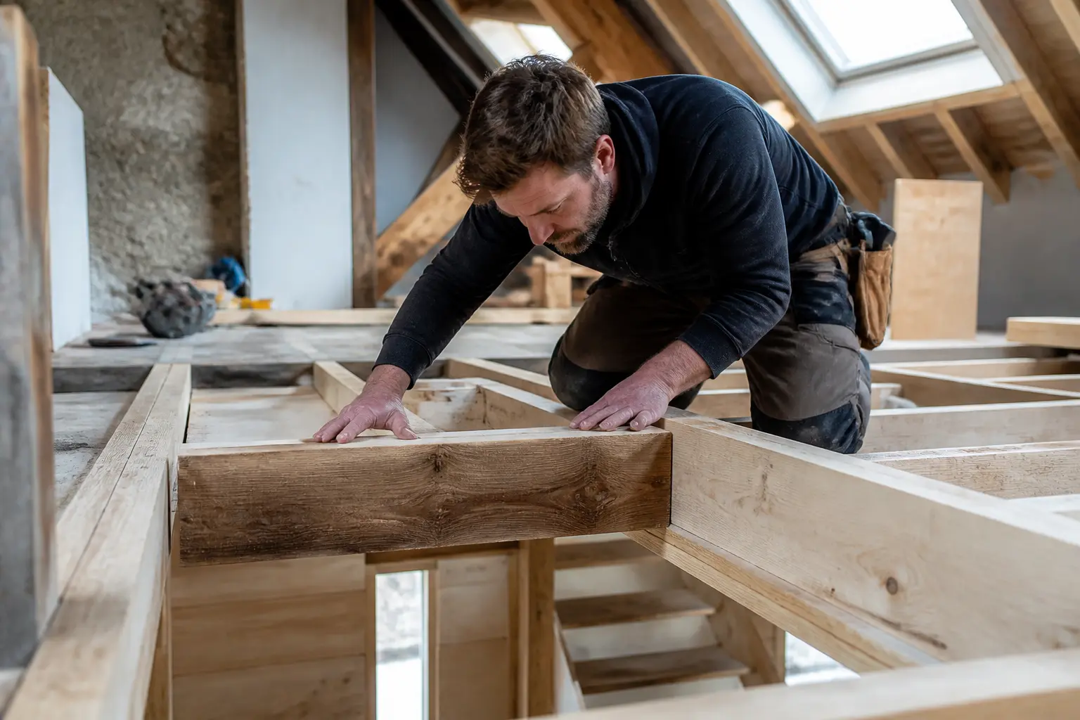 Charpentier posant un chevetrement en bois dans un grenier rénové, poutres et ouverture visibles, lumière naturelle
