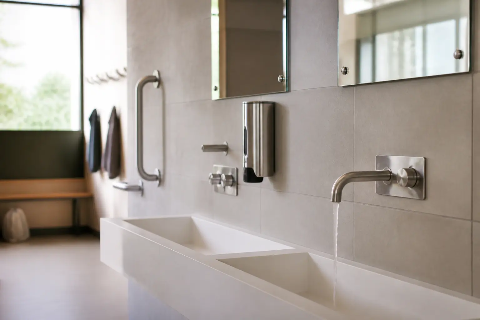 delabie : robinetterie murale inox, mitigeur thermostatique et distributeur de savon dans un sanitaire public moderne et hygiénique