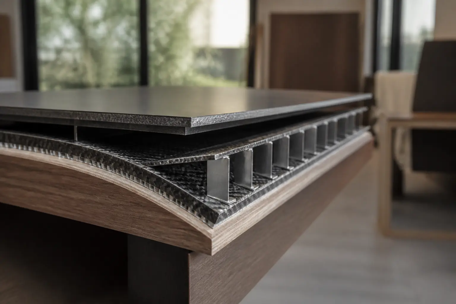 Fibrecouture plaquage : panneau composite premium assemblé sur support bois, fibres visibles, lumière naturelle.