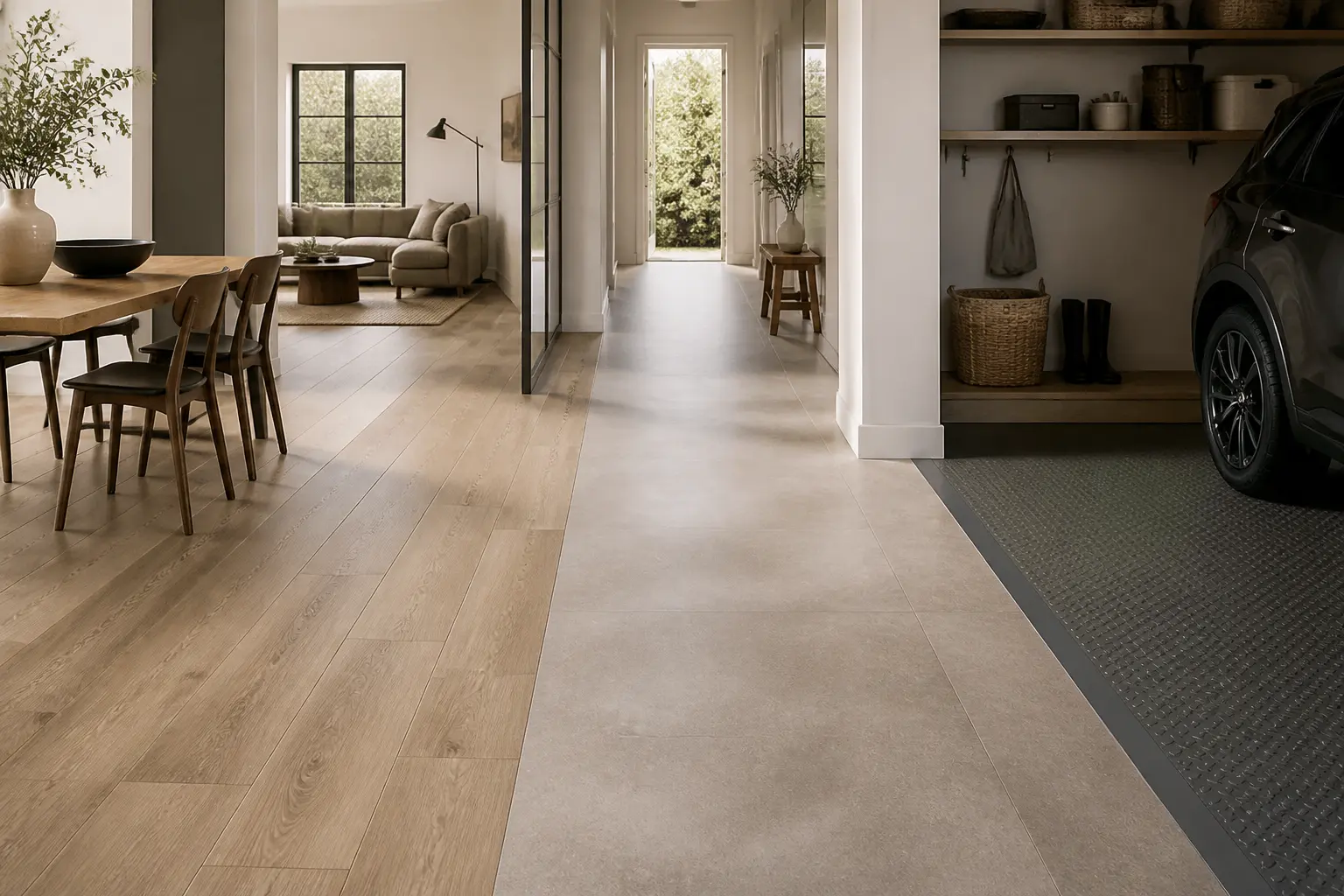 Intérieur moderne avec sols Gerflor décoratifs : lames bois, dalles minérales et zone garage, ambiance premium.
