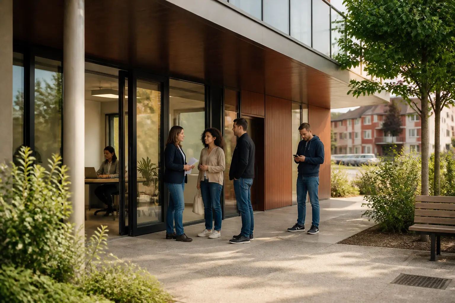 Bureau habitat sud atlantic à Bayonne, entrée d’un service public du logement avec résidents et agents devant le bâtiment