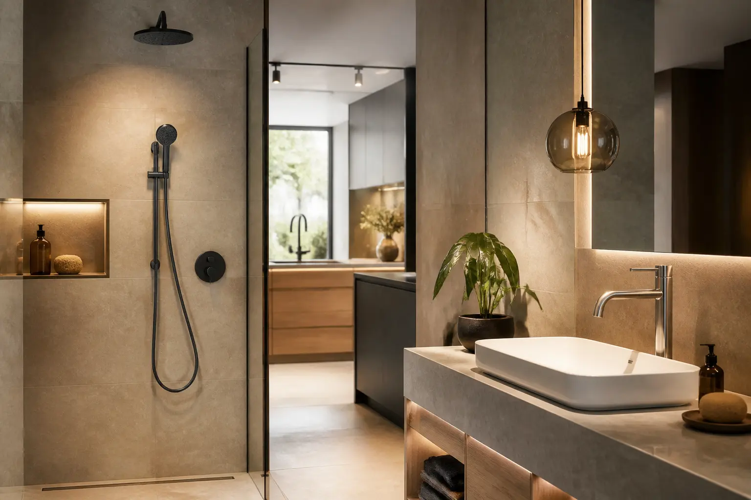 Salle de bain rénovée haut de gamme avec robinetterie hansgrohe, douche murale, lavabo et finitions chrome noir mat