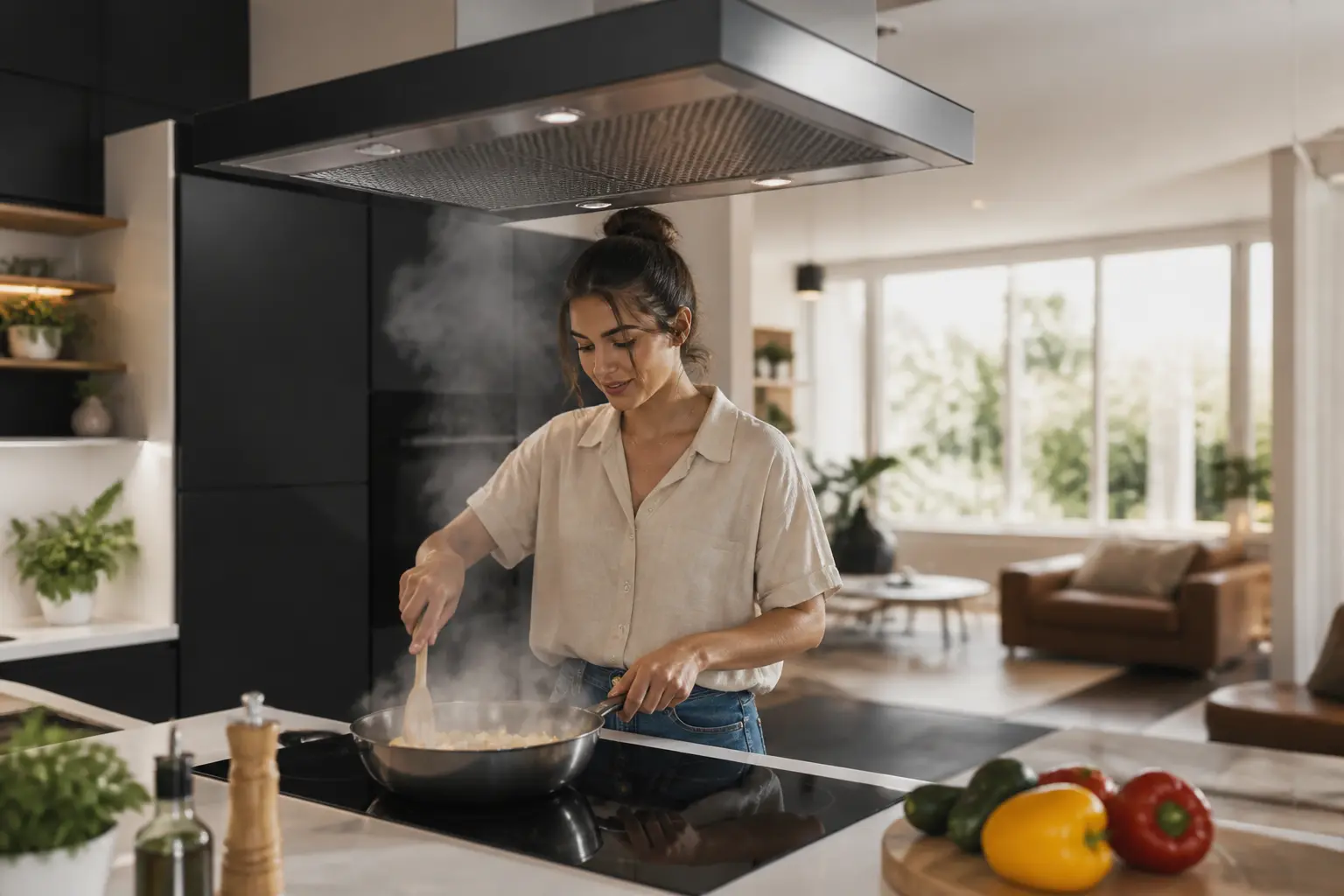 Cuisine moderne avec hotte sans evacuation au-dessus des plaques, vapeur légère et ambiance chaleureuse naturelle