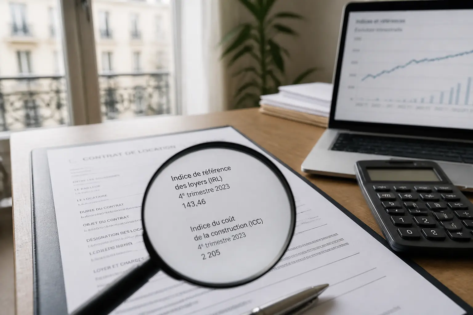 Contrat de location, loupe sur indice cout de la construction et calculatrice pour vérifier une hausse de loyer