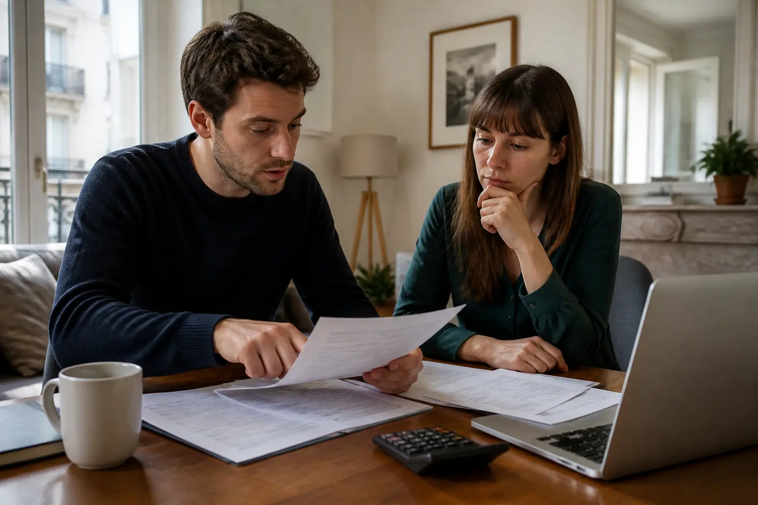 Landlord et locataire discutent d’un bail avec documents sur l’indice reference loyer dans un salon lumineux.