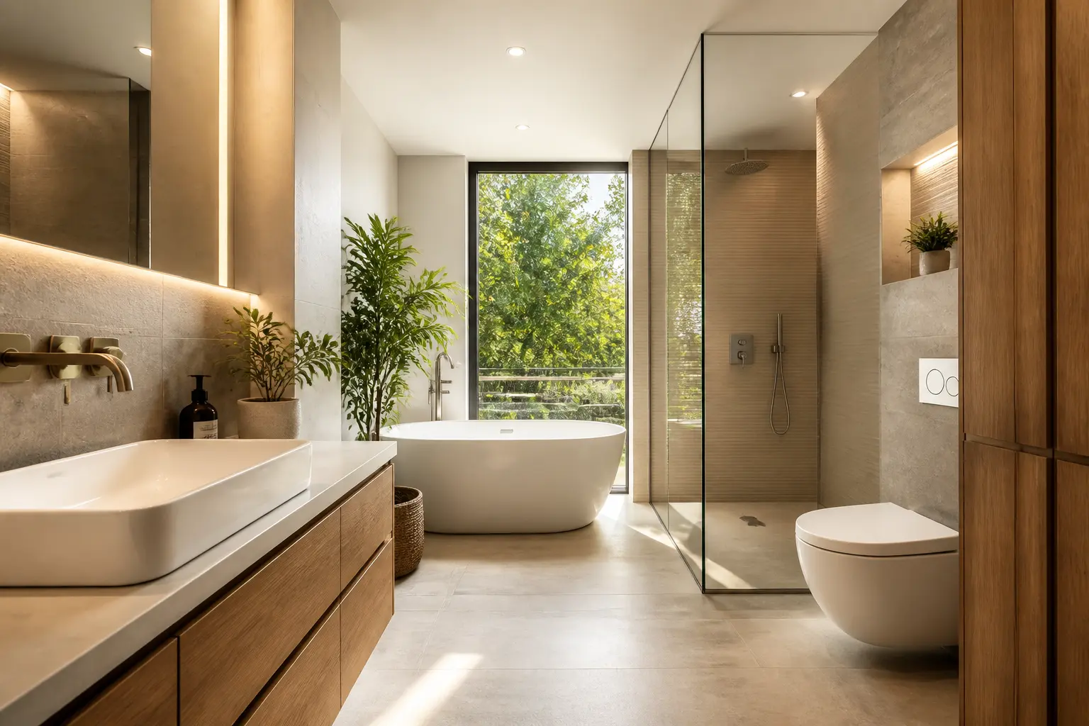 Salle de bain contemporaine haut de gamme avec lavabo laufen, WC suspendu et design épuré lumineux