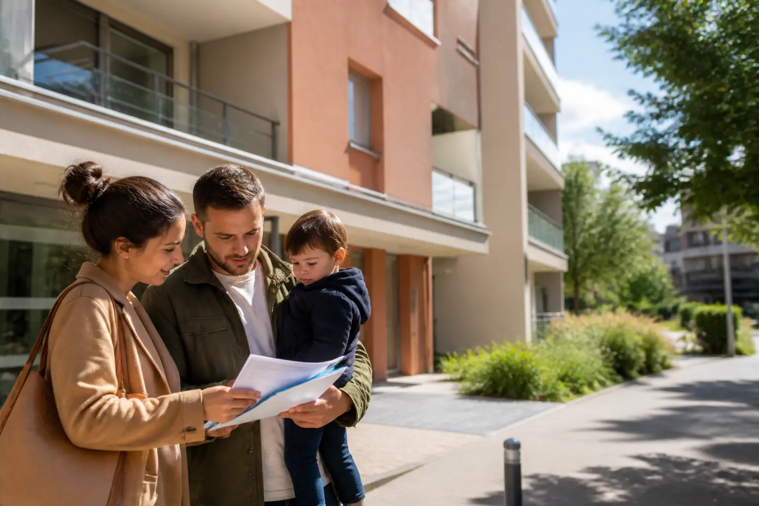 Mulhouse habitat : immeuble social moderne à Mulhouse, famille consultant des documents près de l’entrée, ambiance rassurante