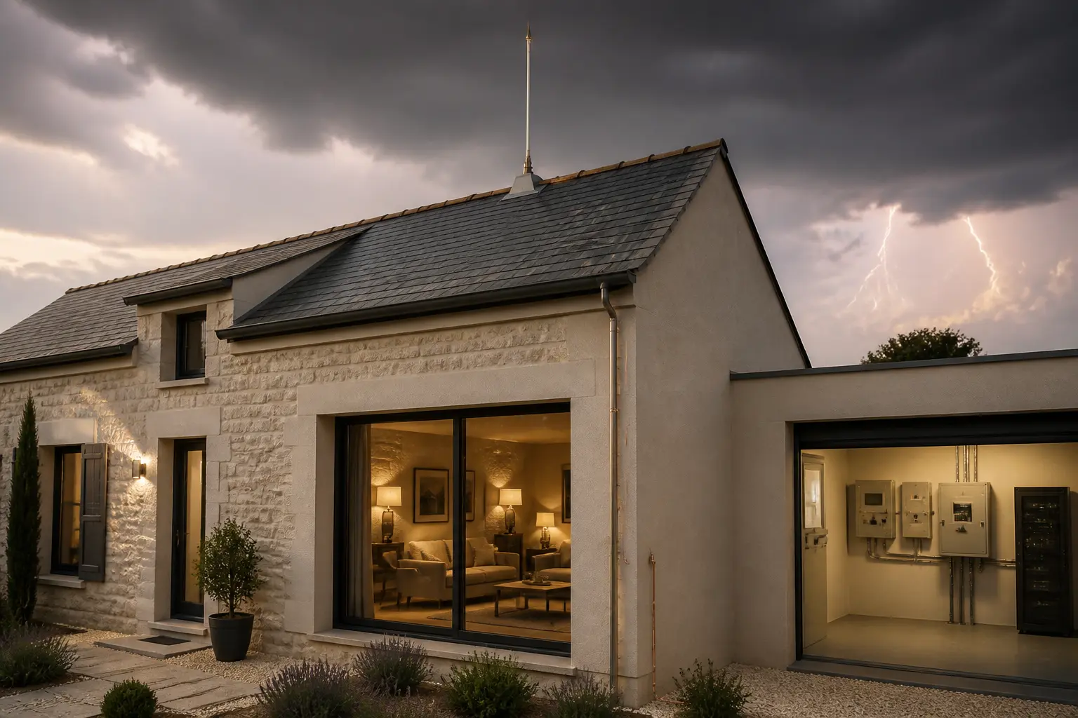 Maison moderne avec paratonnerre et câble de terre, ciel d’orage, protection électrique intérieure visible en arrière-plan