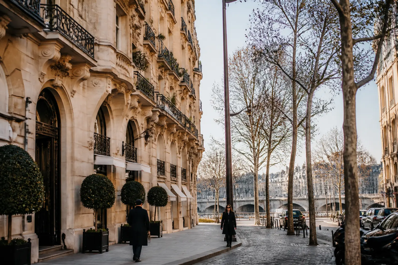 Paris triangle d'or à Paris : rue prestigieuse du 8e, immeubles haussmanniens, boutiques luxe et lumière douce