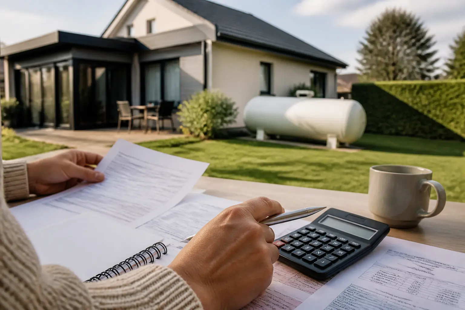 Maison française avec cuve propane, contrat et facture, comparatif primagaz et coûts réels du gaz en jardin.