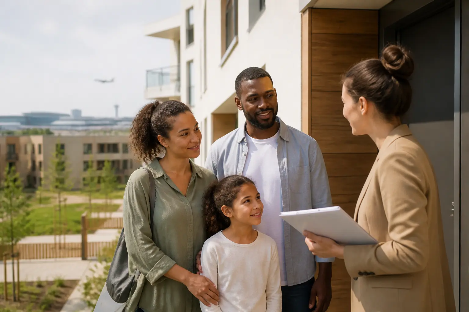 Promologis : immeuble de logement social à Toulouse, famille et jeune actif près de l’entrée, ambiance d’accueil et services locatifs